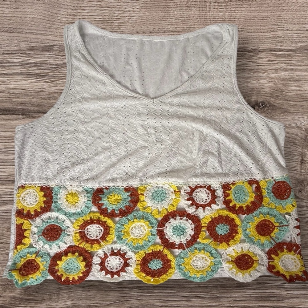 Multicolor Floral Crochet Short Tank Top Boho Womens Curve XL